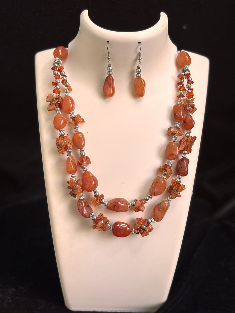 Carnelian Tumble Necklace and Earrings Set (2 Strands)