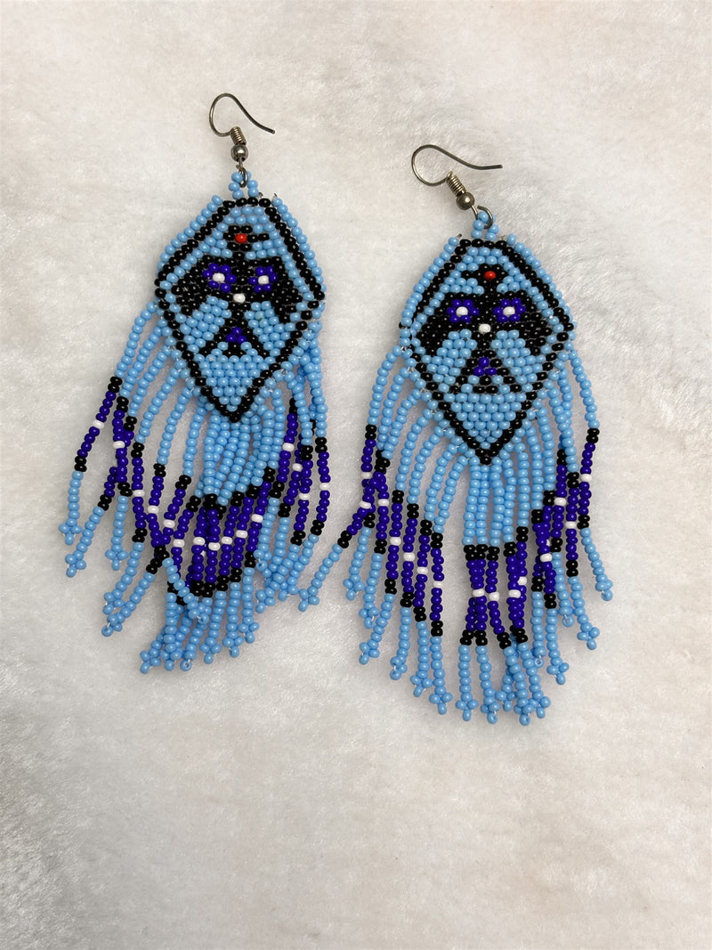 Rocaille Fringe Earrings (Sky Blue Tribal Motif)