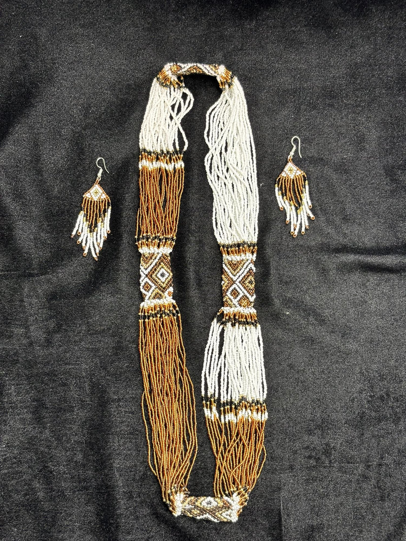 Rocaille Beaded Necklace and Earrings Set (White & Bronze)
