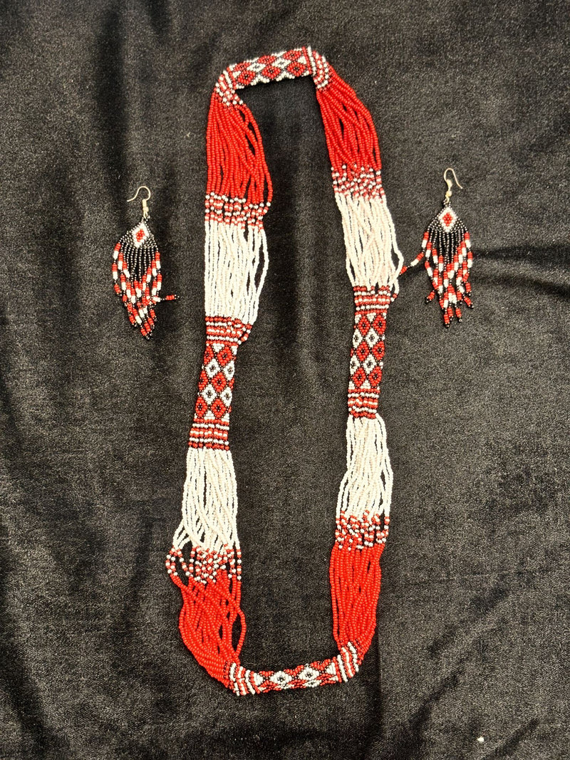 Rocaille Beaded Necklace and Earrings Set (Red & White Diamond)