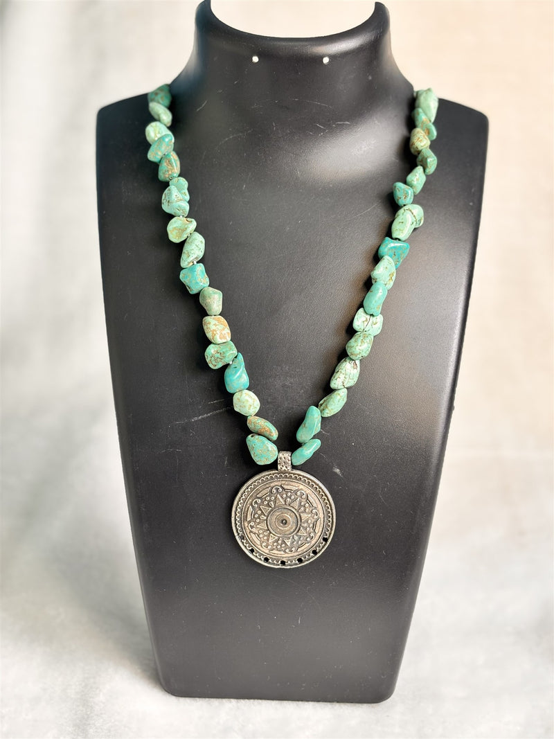 Turquoise Nepal Tumble with Mandala Pendant Necklace